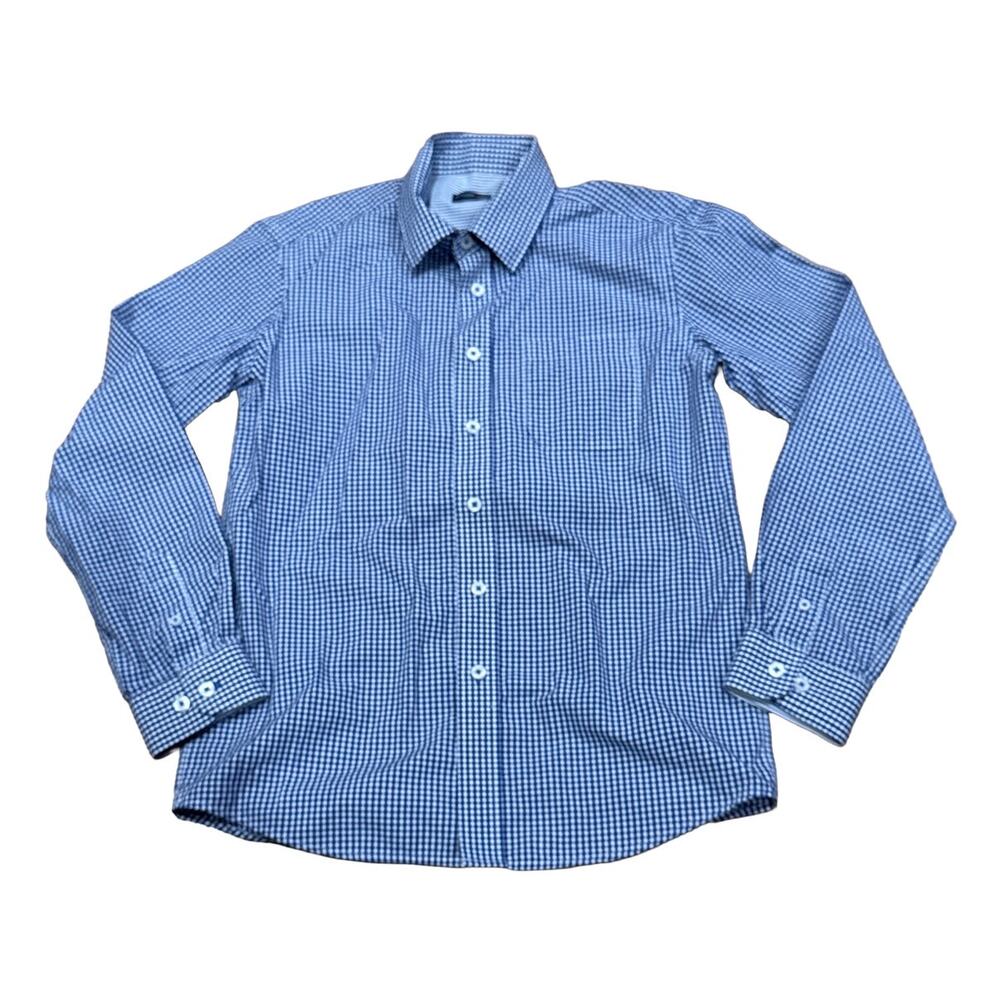 Graham & Graham Boys Youth Large 12-14 Blue Dress Shirt Button down White Check